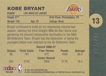 2001-02 Fleer Platinum - Anniversary Edition #13 Kobe Bryant Back