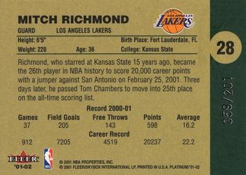 2001-02 Fleer Platinum - Anniversary Edition #28 Mitch Richmond Back