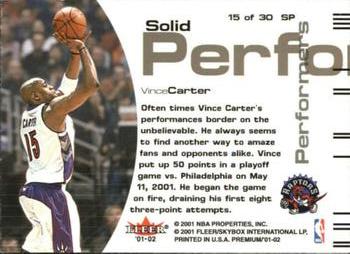 2001-02 Fleer Premium - Solid Performers #15 SP Vince Carter Back