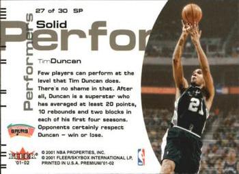 2001-02 Fleer Premium - Solid Performers #27 SP Tim Duncan Back