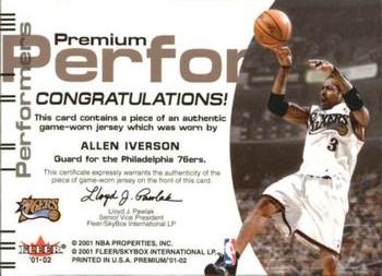 2001-02 Fleer Premium - Premium Performers #NNO Allen Iverson Back