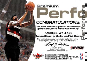 2001-02 Fleer Premium - Premium Performers #NNO Rasheed Wallace Back