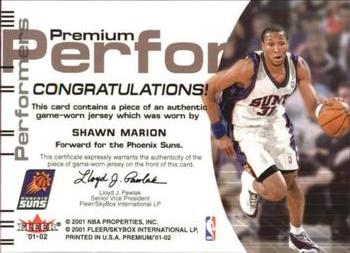2001-02 Fleer Premium - Premium Performers #NNO Shawn Marion Back