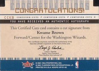 2001-02 Hoops Hot Prospects - Certified Cuts #CCKB Kwame Brown Back