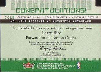 2001-02 Hoops Hot Prospects - Certified Cuts #CCLB Larry Bird Back