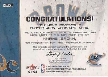 2001-02 Hoops Hot Prospects - Hoops Hot Materials #HMKB Kwame Brown Back