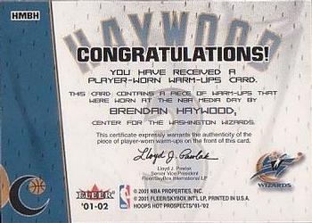 2001-02 Hoops Hot Prospects - Hoops Hot Materials #HMBH Brendan Haywood Back