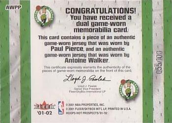 2001-02 Hoops Hot Prospects - Hoops Hot Tandems #AWPP Antoine Walker / Paul Pierce Back
