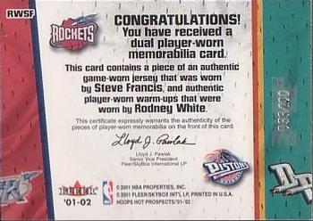 2001-02 Hoops Hot Prospects - Hoops Hot Tandems #RWSF Rodney White / Steve Francis Back