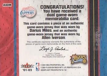 2001-02 Hoops Hot Prospects - Hoops Hot Tandems #AIDM Allen Iverson / Darius Miles Back