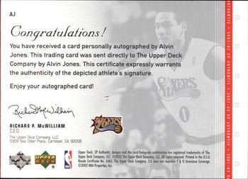 2001-02 SP Authentic - SP Signatures #AJ Alvin Jones Back