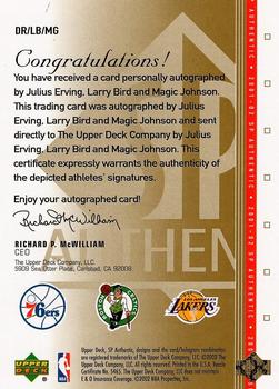 2001-02 SP Authentic - SP Triple Signatures #DR/LB/MG Julius Erving / Larry Bird / Magic Johnson Back