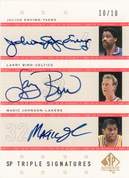 2001-02 SP Authentic - SP Triple Signatures #DR/LB/MG Julius Erving / Larry Bird / Magic Johnson Front