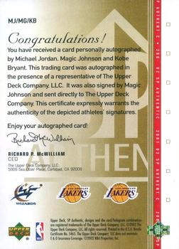 2001-02 SP Authentic - SP Triple Signatures #MJ/MG/KB Michael Jordan / Magic Johnson / Kobe Bryant Back