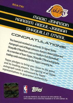 2001-02 Stadium Club - Co-Signers #SCA-TRI Magic Johnson / Kareem Abdul-Jabbar / Shaquille O'Neal Back