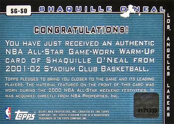 2001-02 Stadium Club - Stroke of Genius #SG-SO Shaquille O'Neal Back