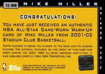 2001-02 Stadium Club - Touch of Class #TC-MM Mike Miller Back