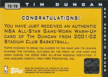 2001-02 Stadium Club - Touch of Class #TC-TD Tim Duncan Back