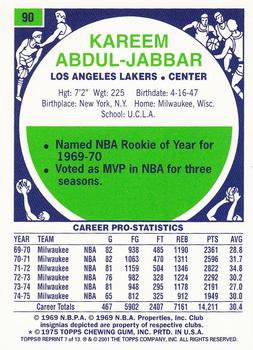 2001-02 Topps - Kareem Abdul-Jabbar Commemorative Series #7 Kareem Abdul-Jabbar Back