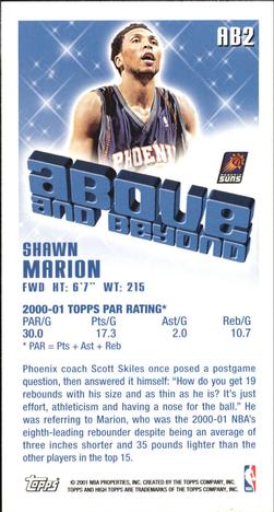 2001-02 Topps High Topps - Above and Beyond #AB2 Shawn Marion Back