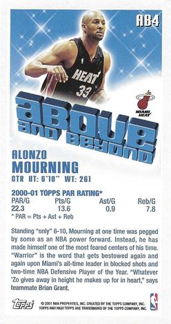 2001-02 Topps High Topps - Above and Beyond #AB4 Alonzo Mourning Back