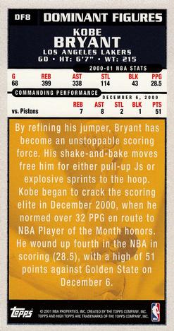 2001-02 Topps High Topps - Dominant Figures #DF8 Kobe Bryant Back