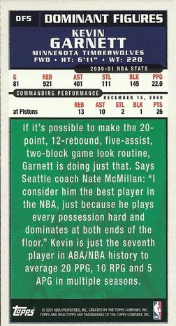2001-02 Topps High Topps - Dominant Figures #DF5 Kevin Garnett Back