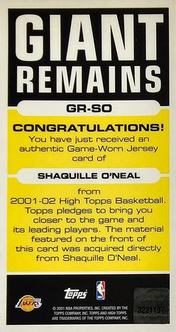 2001-02 Topps High Topps - Giant Remains #GR-SO Shaquille O'Neal Back