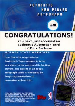 2001-02 Topps Pristine - Autographs #A-MJ Marc Jackson Back