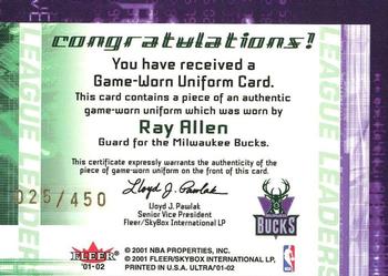 2001-02 Ultra - League Leaders Game Worn #NNO Ray Allen Back
