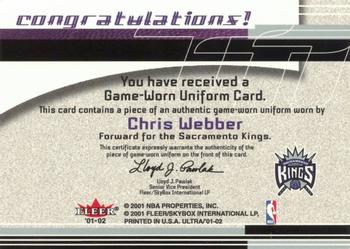 2001-02 Ultra - Triple Double Trouble Game Worn #NNO Chris Webber Back