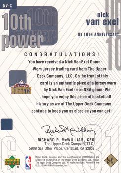 2001-02 Upper Deck - 10th Power Game Jerseys #NV-X Nick Van Exel Back
