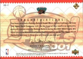 2001-02 Upper Deck - NBA Finals Fabrics #RB-F Rodney Buford Back
