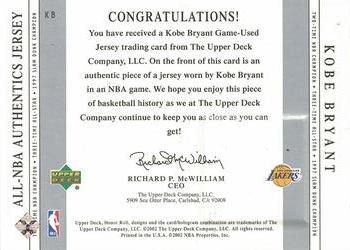 2001-02 Upper Deck Honor Roll - All-NBA Authentic Jerseys #KB Kobe Bryant Back