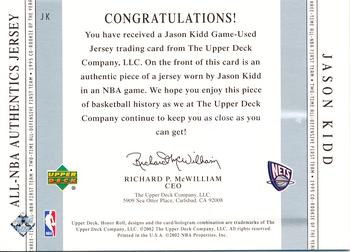 2001-02 Upper Deck Honor Roll - All-NBA Authentic Jerseys #JK Jason Kidd Back