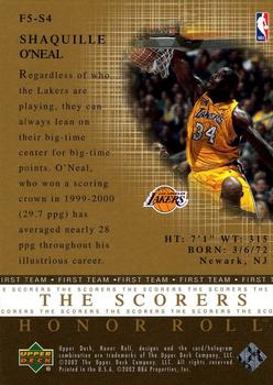 2001-02 Upper Deck Honor Roll - Fab Fives The Scorers #F5-S4 Shaquille O'Neal Back