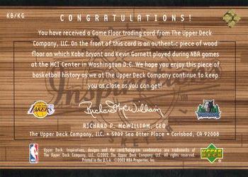 2001-02 Upper Deck Inspirations - Hardwood Imagery Combo #KB/KG Kobe Bryant / Kevin Garnett Back