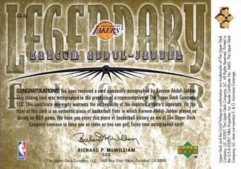 2000-01 Upper Deck Legends - Legendary Floor Autographed #KA-AF Kareem Abdul-Jabbar Back