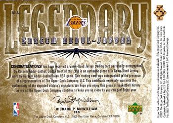 2000-01 Upper Deck Legends - Legendary Jerseys Autographed #KA-AJ Kareem Abdul-Jabbar Back