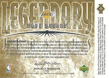 2000-01 Upper Deck Legends - Legendary Jerseys Autographed #KB-AJ Kobe Bryant Back