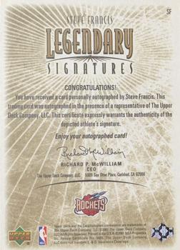 2000-01 Upper Deck Legends - Legendary Signatures #SF Steve Francis Back