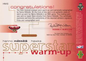 2001-02 Upper Deck Ovation - Superstar Warm-Ups Autographs #HM-S Hanno Mottola Back