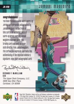 2001-02 UD PlayMakers Limited - Player's Club Warm Up Autographs #JA-AW Jamaal Magloire Back