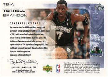 2001-02 Upper Deck Pros & Prospects - Game Jerseys Autographs #TB-A Terrell Brandon Back