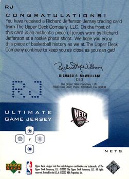 2001-02 Upper Deck Ultimate Collection - Ultimate Game Jerseys #RJ Richard Jefferson Back