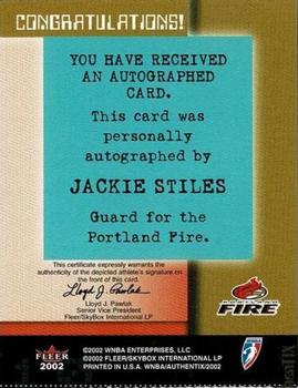 2002 Fleer Authentix WNBA - Autographed Authentix #NNO Jackie Stiles Back