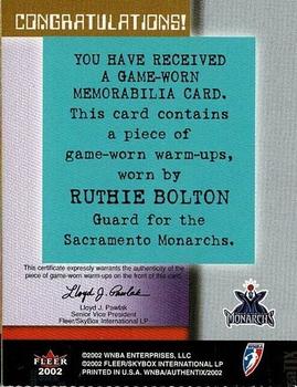 2002 Fleer Authentix WNBA - Memorabilia Authentix Ripped #NNO Ruthie Bolton Back