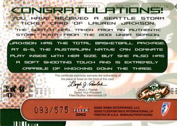 2002 Fleer Authentix WNBA - The Ticket #2TT Lauren Jackson Back