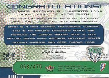 2002 Fleer Authentix WNBA - The Ticket #9TT Katie Smith Back