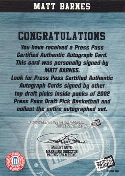2002 Press Pass - Autographs #NNO Matt Barnes Back